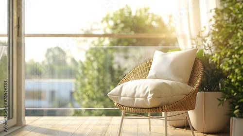 Wicker chair with cushion on the balcony nice view from the window