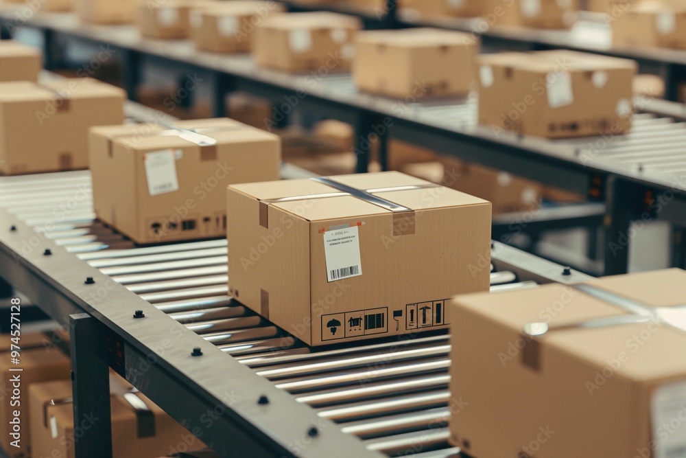 Cardboard Boxes on Conveyor Belt in Warehouse Cardboard Boxes on Conveyor Belt in Warehouse