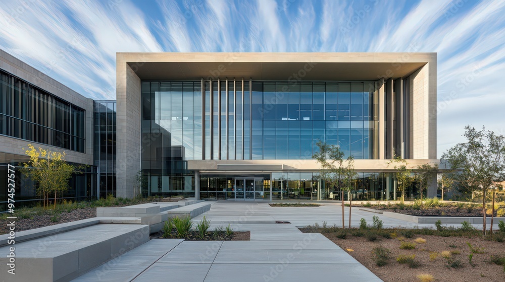 The exterior of a government building with a contemporary aesthetic, featuring clean lines, sustainable materials, The exterior of a government building with a contemporary aesthetic, featuring clean lines, sustainable materials,