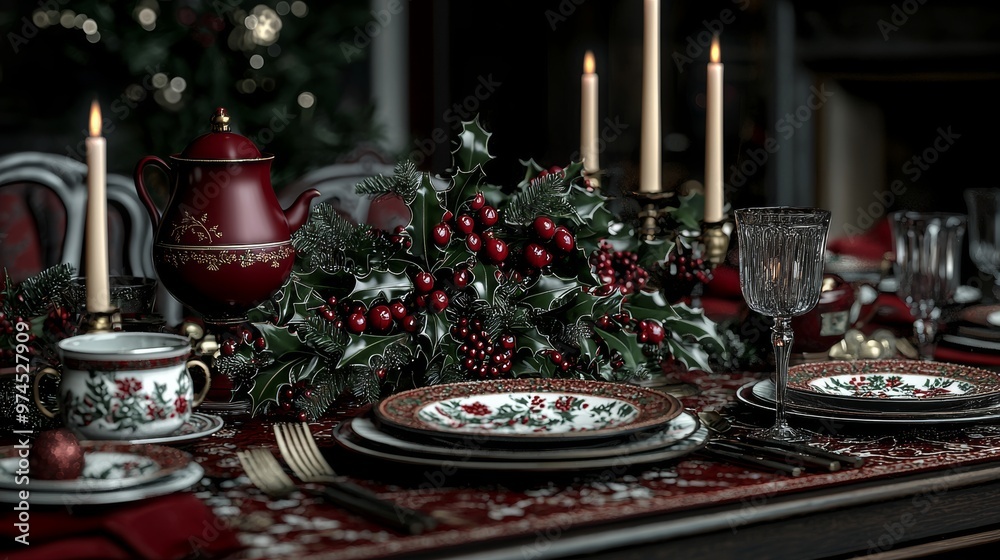 Naklejka premium Elegant Christmas Table Setting with Holly Candles and Teapot