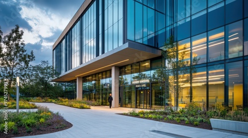 The exterior of a government office complex with a modern glass facade, prominent signage,