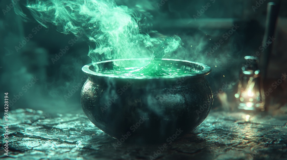 Green Potion in Cauldron with Smoke and Glowing Light Green Potion in Cauldron with Smoke and Glowing Light