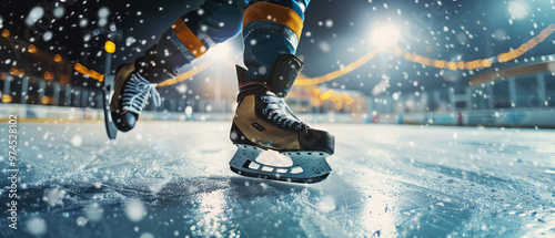 Close up of skates hockey player at the ice rink arena in motion. Hockey competition at ice stadium. Winter professional sport. Generative ai 