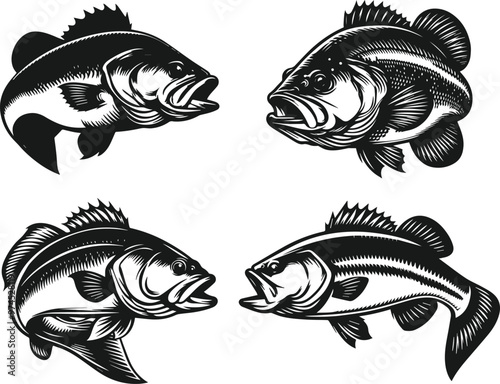 set of large mouth bass fish silhouette design vector art illustration