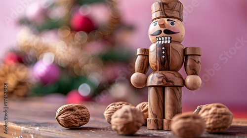 Wooden nutcracker and several walnuts on a wooden table on pink and purple background photo