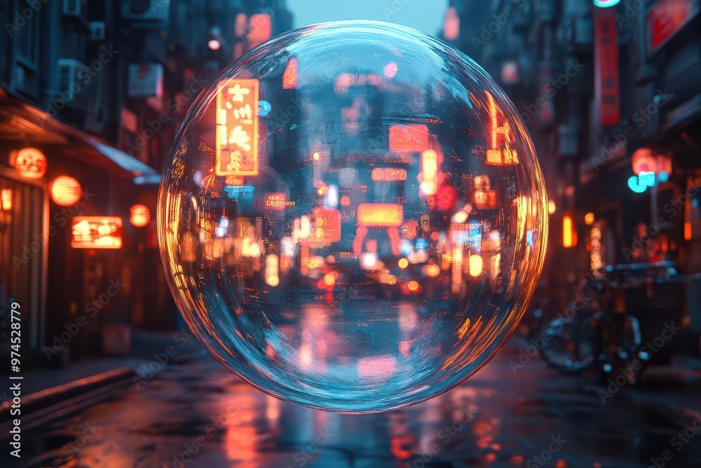 cyberpunk cityscape within a shimmering soap bubble neon lights and holographic advertisements reflect off the iridescent surface creating a mesmerizing blend of urban grit and ethereal beauty cyberpunk cityscape within a shimmering soap bubble neon lights and holographic advertisements reflect off the iridescent surface creating a mesmerizing blend of urban grit and ethereal beauty