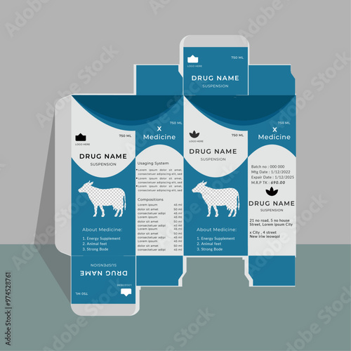 cow veterinary  Packaging Box, Packaging design Template for medicine, veterinary medicine 3d box mock up, medicine packaging box, product design, Geometric ,cow and ox drugs,