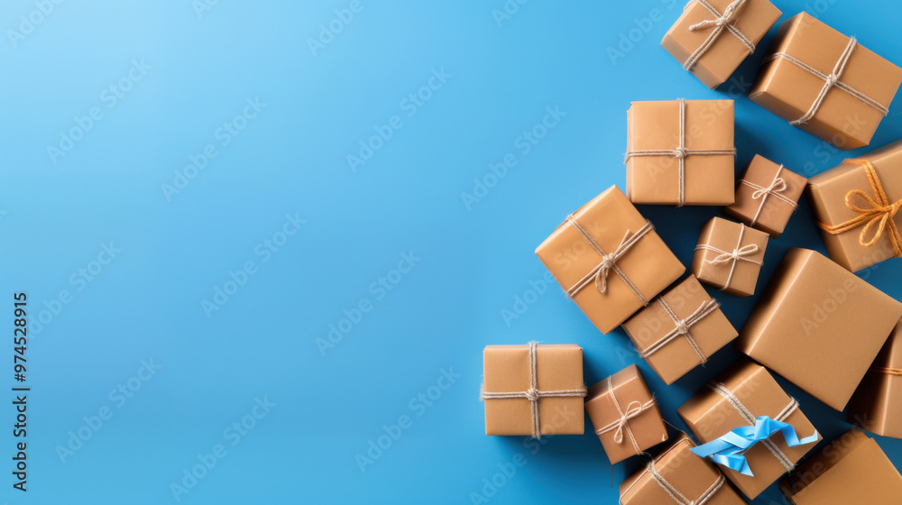 A collection of neatly wrapped gifts in brown paper with twine, arranged on a blue background. Perfect for celebrations. A collection of neatly wrapped gifts in brown paper with twine, arranged on a blue background. Perfect for celebrations.