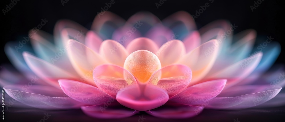 Radiant Lotus Bloom, a mesmerizing arrangement of translucent petals in soft pastels emanating tranquility and beauty against a dark backdrop. Radiant Lotus Bloom, a mesmerizing arrangement of translucent petals in soft pastels emanating tranquility and beauty against a dark backdrop.
