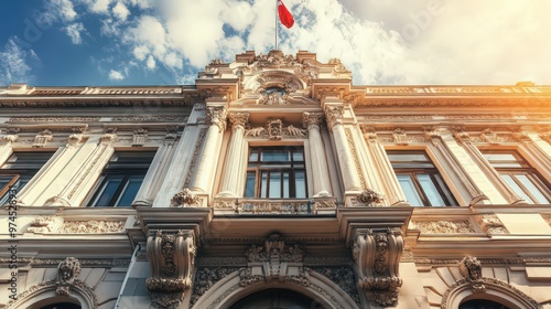The facade of a historic government building with traditional architecture, ornate details, and a large flagpole displaying the national flag