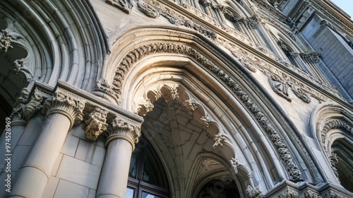 The facade of a historic government structure with gothic architectural features, including pointed arches,