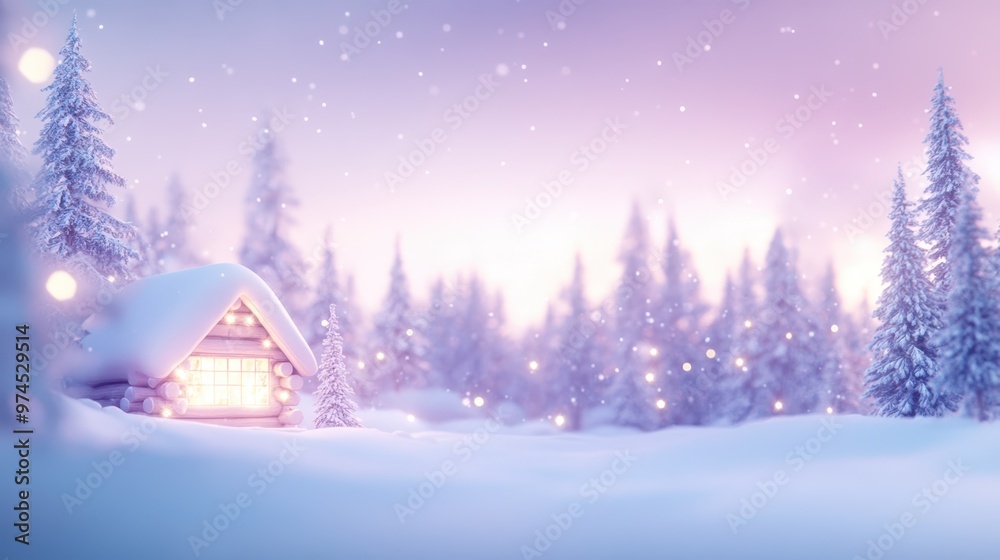 Snow-covered log cabins in a peaceful mountain village at night, with stars and Christmas lights twinkling. Winter holiday retreat concept. Snow-covered log cabins in a peaceful mountain village at night, with stars and Christmas lights twinkling. Winter holiday retreat concept.