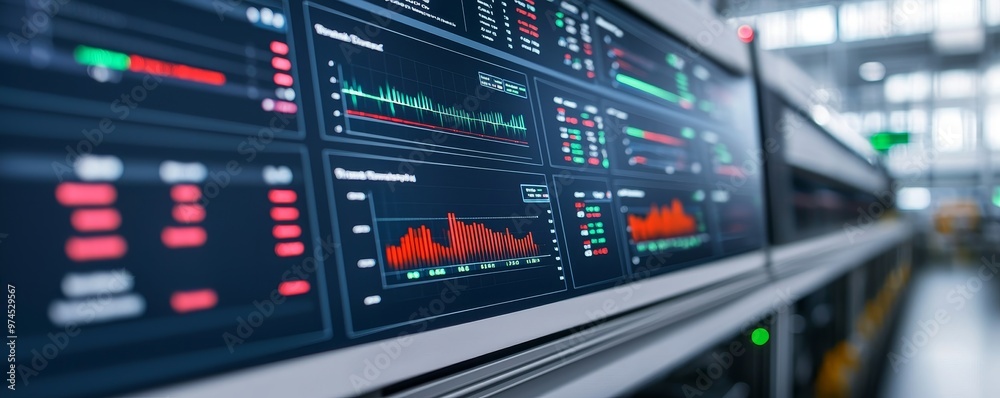 Close-up view of a modern digital trading screen displaying financial data and stock market trends in a bright environment. Close-up view of a modern digital trading screen displaying financial data and stock market trends in a bright environment.