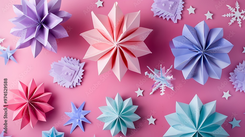 Zig zag fold paper ornaments on pink and purple background Zig zag fold paper ornaments on pink and purple background