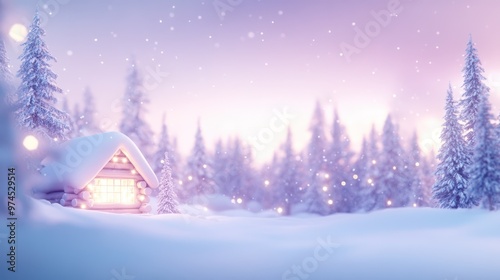 Snow-covered log cabins in a peaceful mountain village at night, with stars and Christmas lights twinkling. Winter holiday retreat concept.