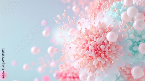 Soft pastel explosion, gentle hues of pink and mint, intricate spherical shapes forming a whimsical floral pattern, light and airy, evoking feelings of tranquility and joy