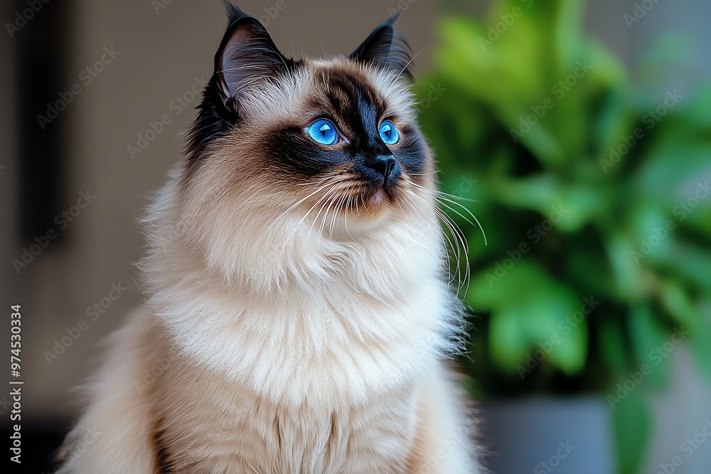 A Himalayan cat sitting gracefully, its long, luxurious fur and deep blue eyes giving it an air of elegance A Himalayan cat sitting gracefully, its long, luxurious fur and deep blue eyes giving it an air of elegance