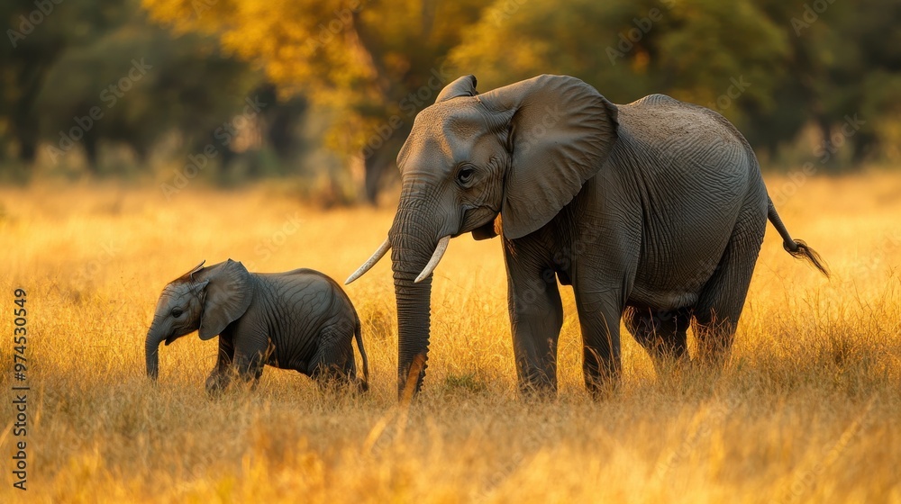Fototapeta premium A wildlife photo of a mother elephant leading her calf through the savannah, showcasing the deep bond and guidance in the animal kingdom.