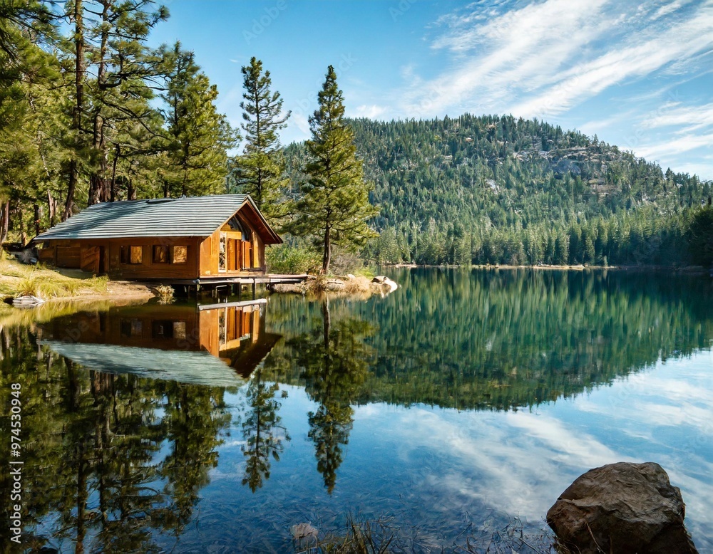Serene Lakeside Cabin Reflected in Crystal Clear Waters, Surrounded by Pines Serene Lakeside Cabin Reflected in Crystal Clear Waters, Surrounded by Pines
