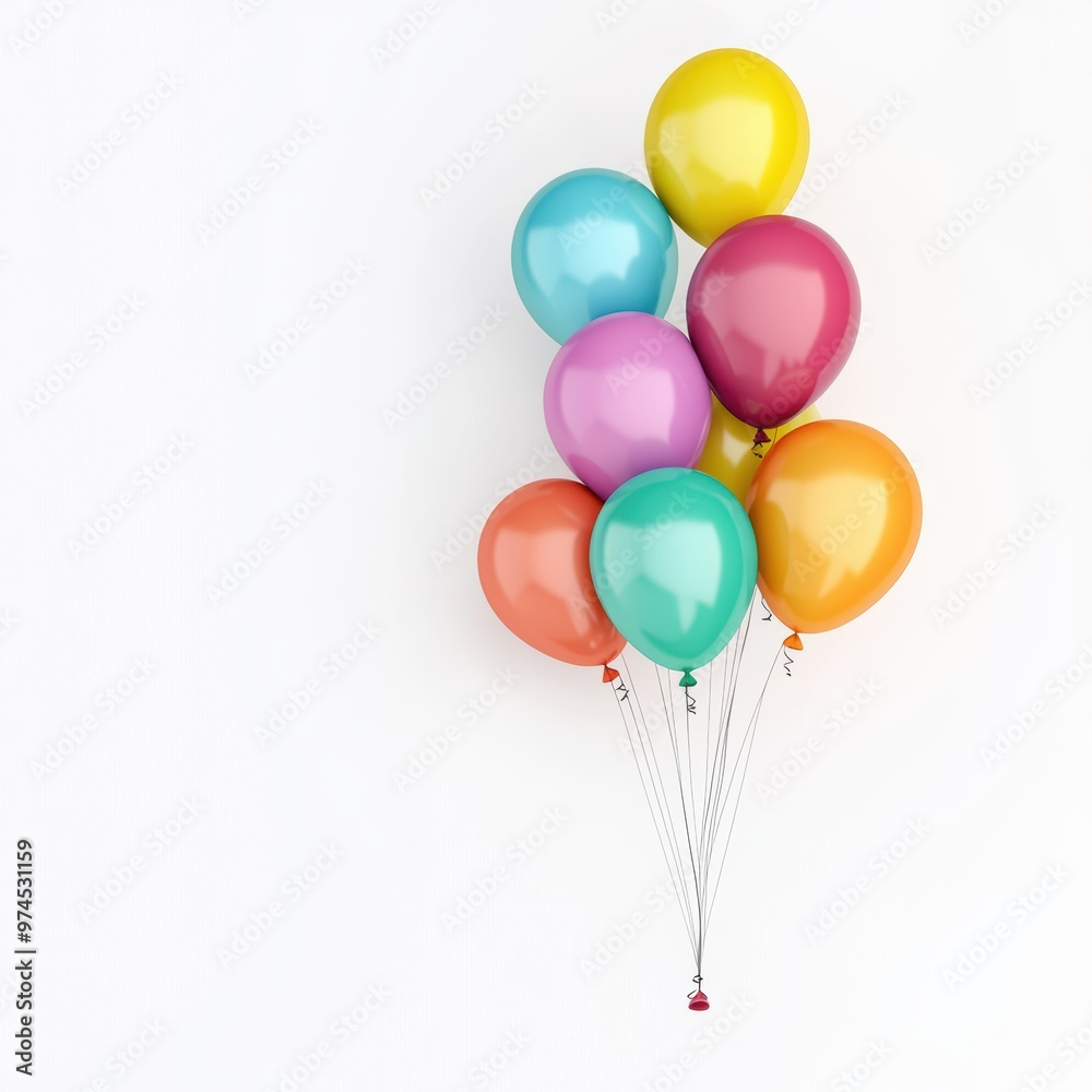 A bunch of colorful helium balloons, floating upwards, 3D render, isolated on white background A bunch of colorful helium balloons, floating upwards, 3D render, isolated on white background