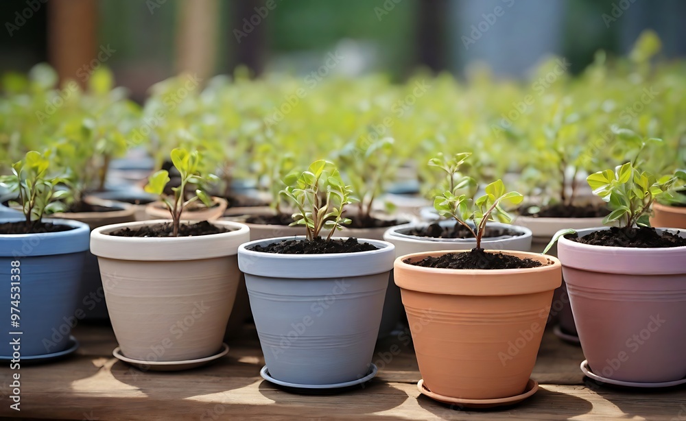seedlings in painted pots. seedlings in painted pots.