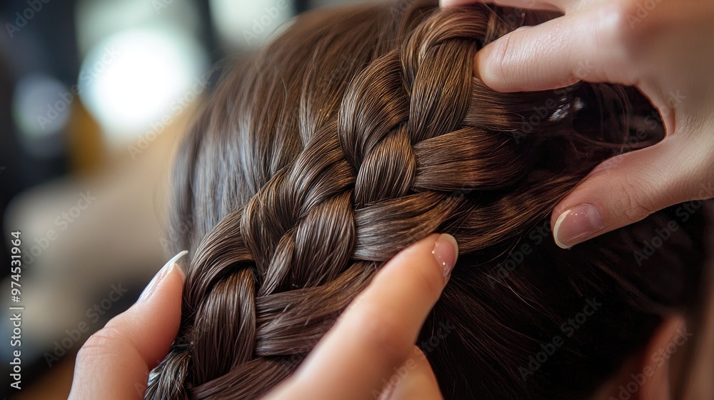 Fototapeta premium A stylist's hands working on a client's hair, creating a complex braid pattern in a contemporary salon environment
