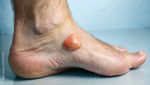 Close-up image of a lump on the ankle joint, showcasing a ganglion cyst's characteristic round, fluid-filled sac, surrounded by normal skin and musculature. photo