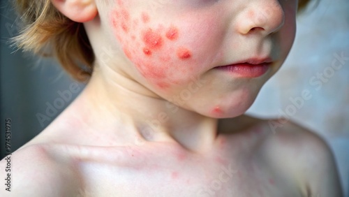 Close-up of a child's skin showing a circular, itchy, red rash with raised edges and flaky skin, characteristic of ringworm fungal infection. photo