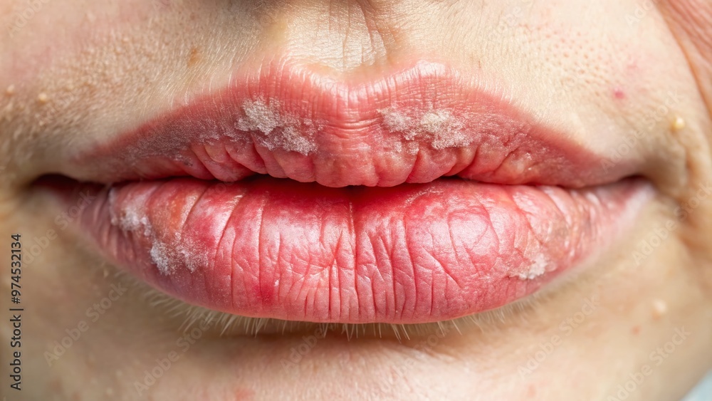 Close-up of a dry, cracked, and chapped lip with reddish inflammation and white patches, indicating possible vitamin deficiency or allergic reaction to cosmetics. Close-up of a dry, cracked, and chapped lip with reddish inflammation and white patches, indicating possible vitamin deficiency or allergic reaction to cosmetics.