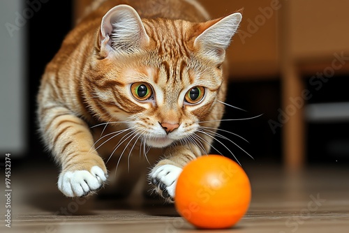 A Manx cat chasing after a ball, its tailless form giving it a unique, yet balanced appearance