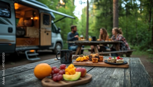 A family sits at an outdoor picnic table near their trailer, enjoying breakfast with fruits and pastries on the wooden surface of the bench in front of them.