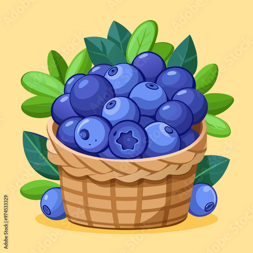  freshly picked blueberries in a wicker basket