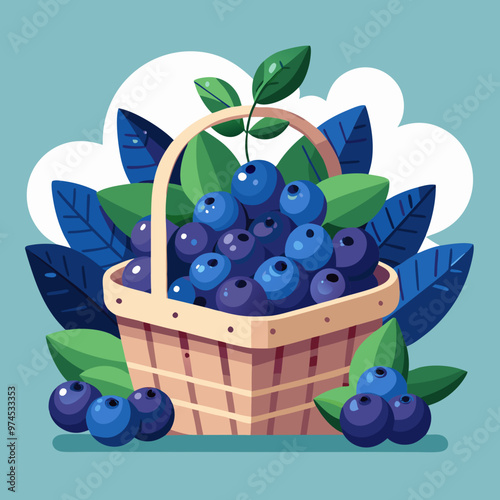  freshly picked blueberries in a wicker basket
