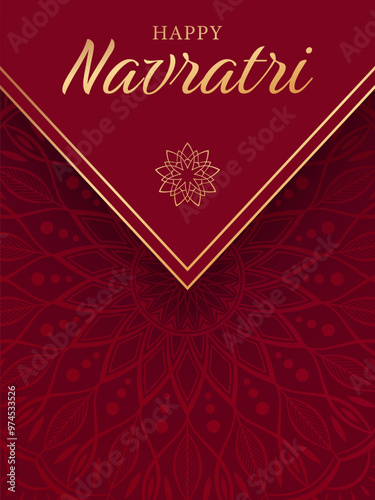 Golden text Happy Navratri and abstract floral mandala on red background. Festive design for greeting card or poster for hindu celebration Navratri.