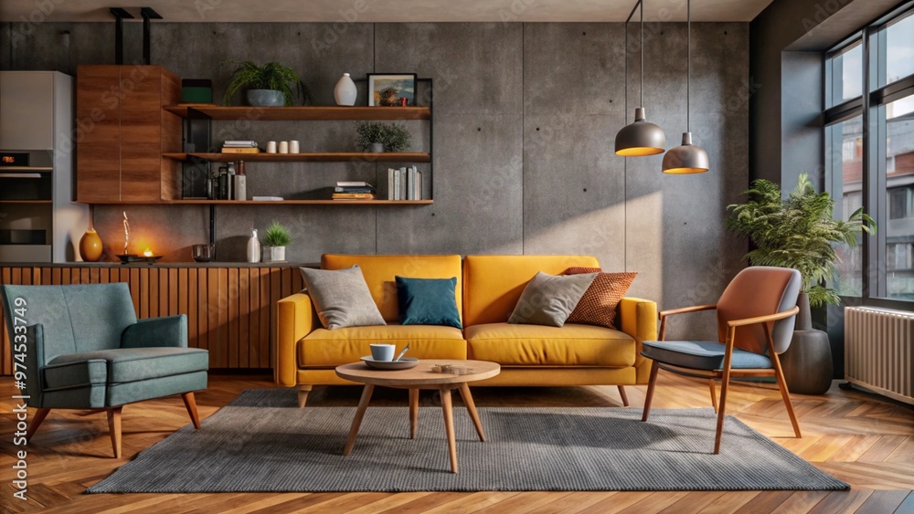 Sofa and yellow chair in studio apartment with concrete wall. Loft, scandinavian home interior design of modern living room.
Sofa and yellow chair in studio apartment with concrete wall. Loft, scandinavian home interior design of modern living room.