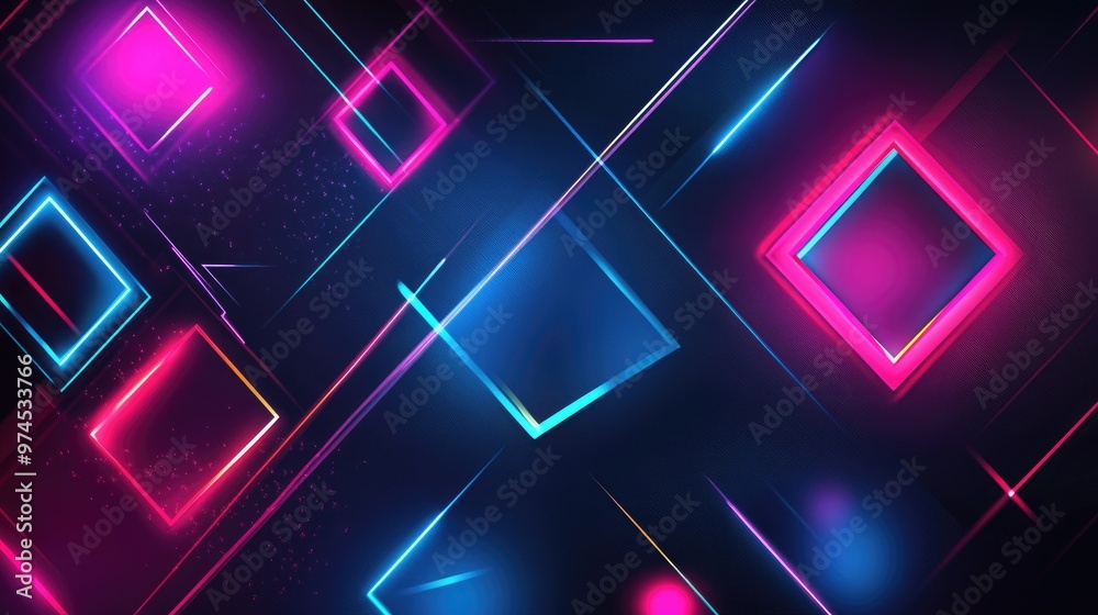Bold geometric shapes in neon colors on a dark background, representing futuristic and digital themes Bold geometric shapes in neon colors on a dark background, representing futuristic and digital themes