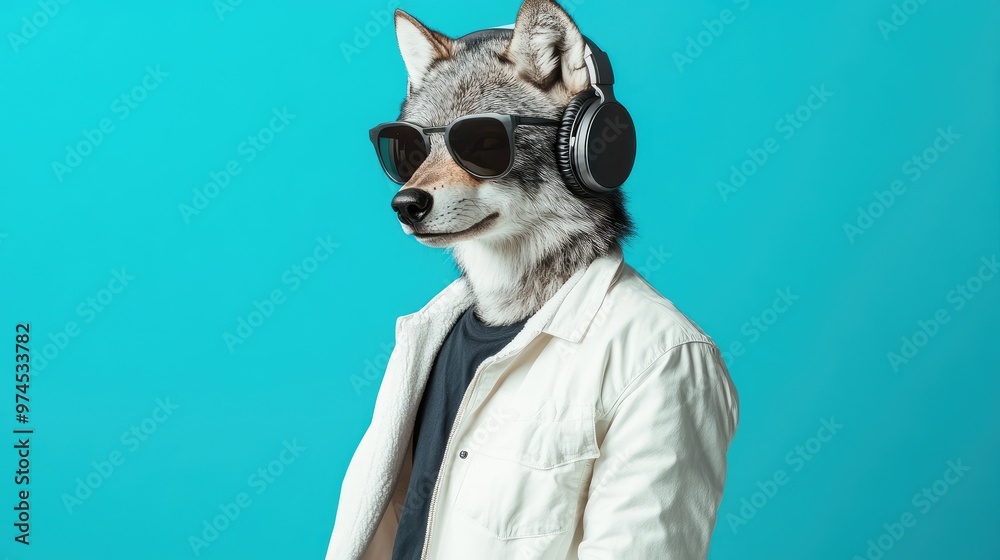 A wolf-headed figure rocking a white jacket, sunglasses, and large headphones, immersed in music on a blue background. A wolf-headed figure rocking a white jacket, sunglasses, and large headphones, immersed in music on a blue background.