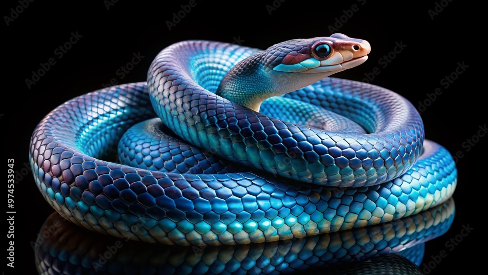 Coiled Vietnamese blue beauty rat snake showcases vibrant iridescent scales in shades of blue, white, and black, set against a sleek black background. Coiled Vietnamese blue beauty rat snake showcases vibrant iridescent scales in shades of blue, white, and black, set against a sleek black background.