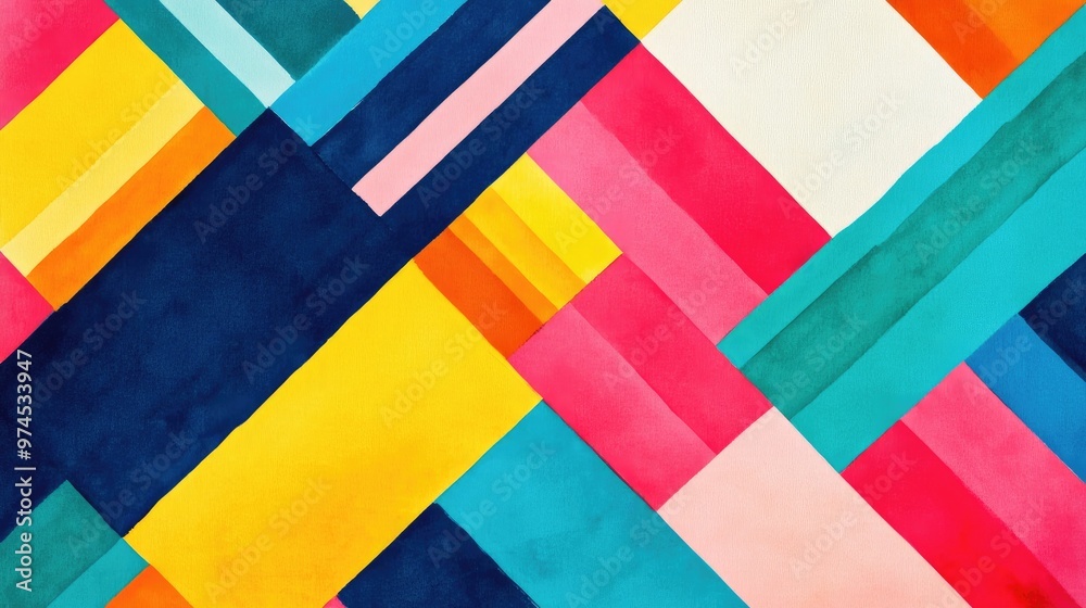 Fototapeta premium Bright geometric pattern featuring diagonal lines and vibrant color blocks, giving a dynamic and playful feel -