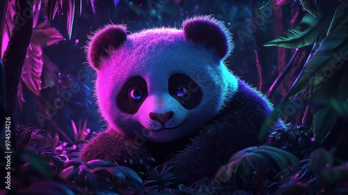 A giant panda rests peacefully among vibrant greenery in a serene forest filled with soft glowing lights at dusk