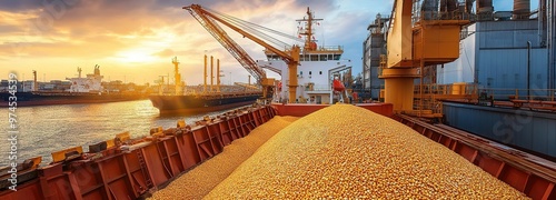 A large cargo ship loaded with golden grains navigates the calm waters under bright sunlight at a busy port photo