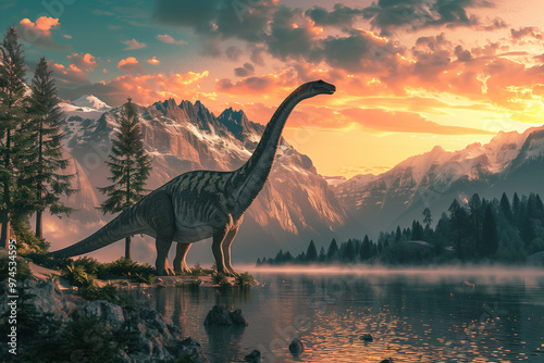 Fototapeta Naklejka Na Ścianę i Meble -  The big  dinosaurs stands beside  pond.