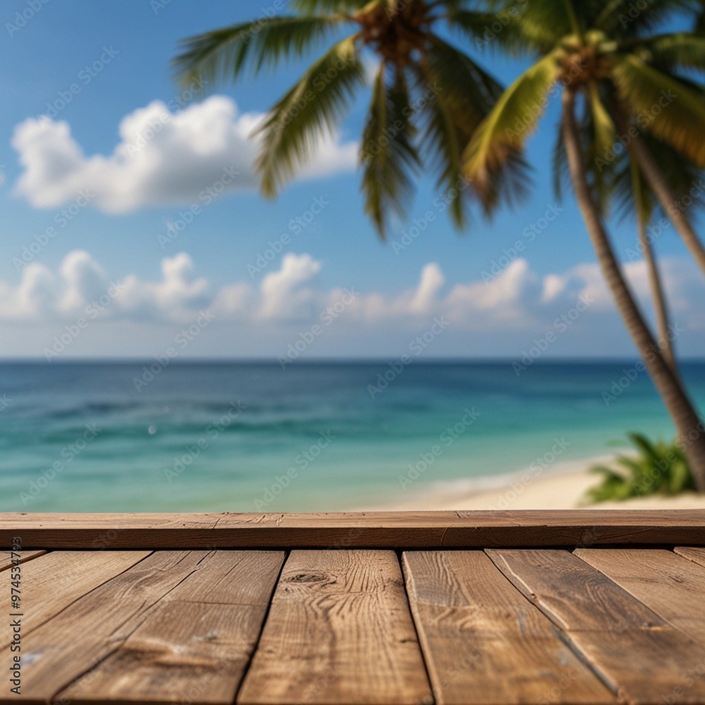 Fototapeta premium Top of wood table with seascape and palm tree, blur bokeh light of calm sea and sky at tropical beach background. Empty ready for your product display montage. summer vacation background concept.