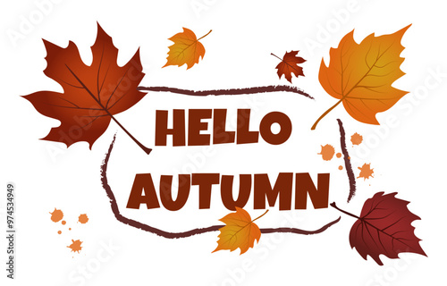 Hello Autumn. Autumn horizontal background with gradient leaves of different shapes. Autumn leaves and copy space	
