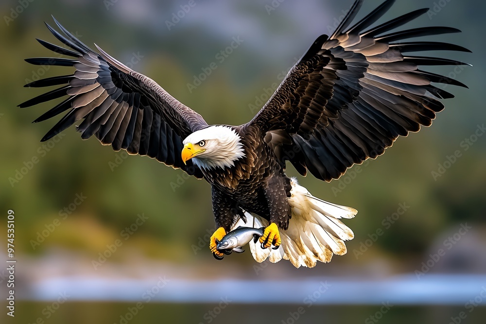Fototapeta premium A bald eagle flying majestically over a lake with a fish securely in its talons