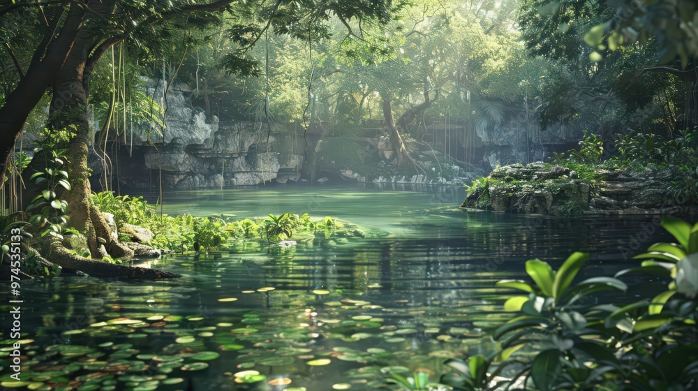 The sacred cenote at Chichen Itza, surrounded by dense vegetation