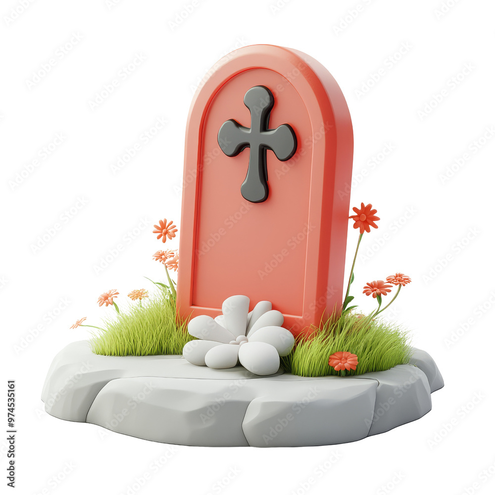 A 3D cartoon gravestone, decorated with a cross symbol, with vibrant flowers and grass growing around it.
