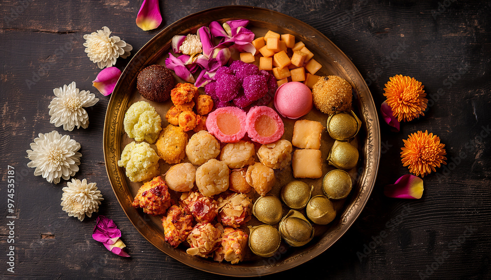 Indian sweets assortment, including vibrant jalebis, laddus, and barfi's, placed on a traditional brass plate with flower petals scattered around Indian sweets assortment, including vibrant jalebis, laddus, and barfi's, placed on a traditional brass plate with flower petals scattered around
