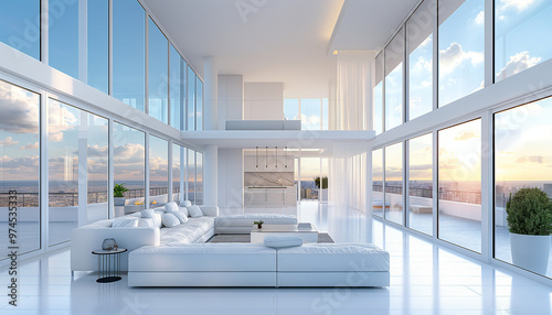A luxurious real estate advertisement graphic depicting a modern  high-end penthouse apartment with floor-to-ceiling windows 