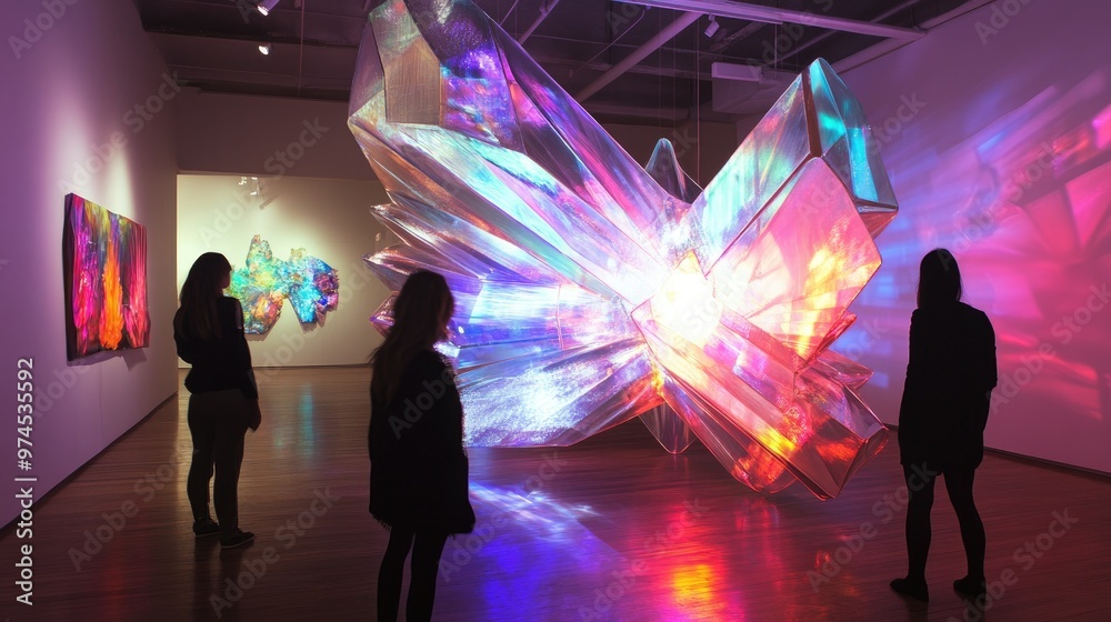 Contemporary art installation with dynamic light displays, interactive elements, and modern materials